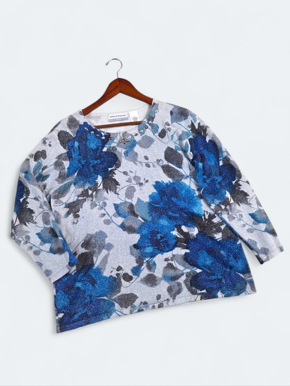 Alfred Dunner Blue Floral Shimmer Sweater Top Size PL Petite Large